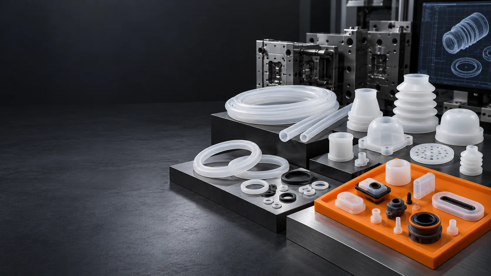 silicone products arranged in a precision molding studio