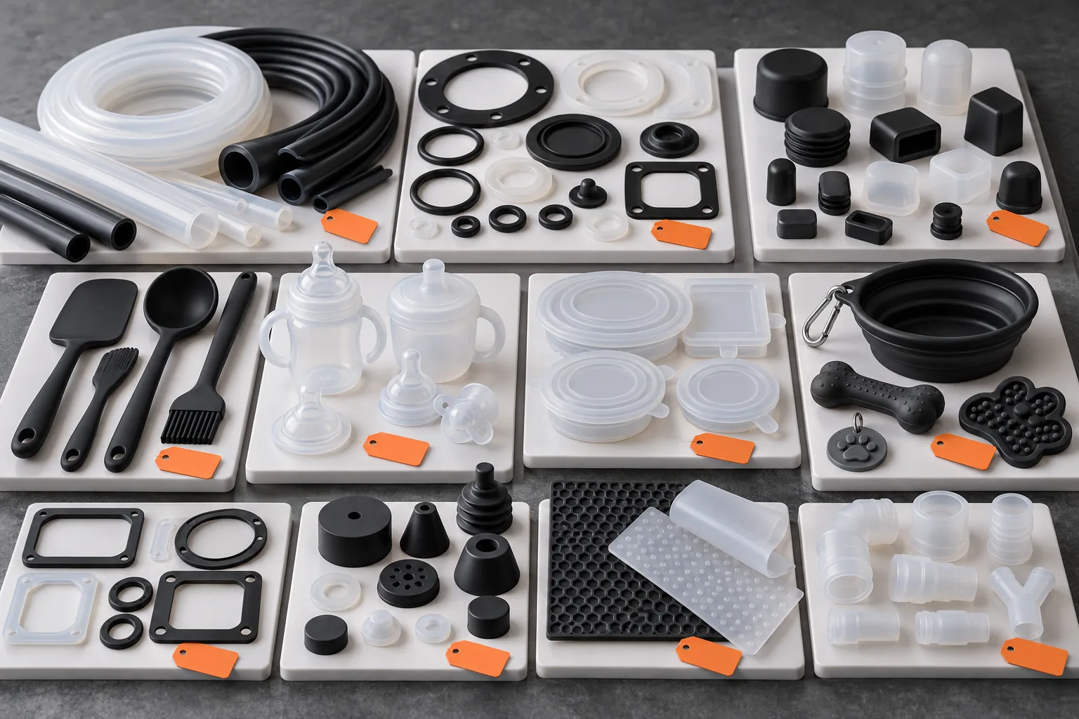 Strip silicone products, clusters and silicone product trays on a engineering sample table