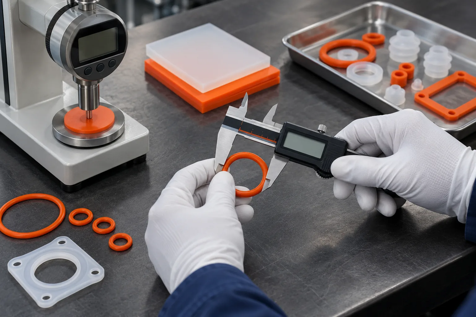 Technician inspecting silicone products at a quality desk